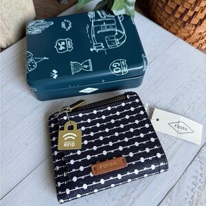 Fossil Logan Small Bifold Black Stripe RFID Vegan Leather Wallet NWT